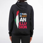 Back view of black zip-up hoodie with colorful map and bold statement text design.