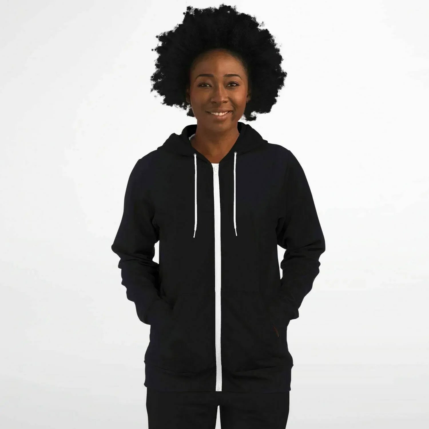 Woman wearing black zip-up athletic hoodie with white drawstrings from Ivorynn