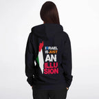 Person wearing black hoodie with political message and map graphic on the back