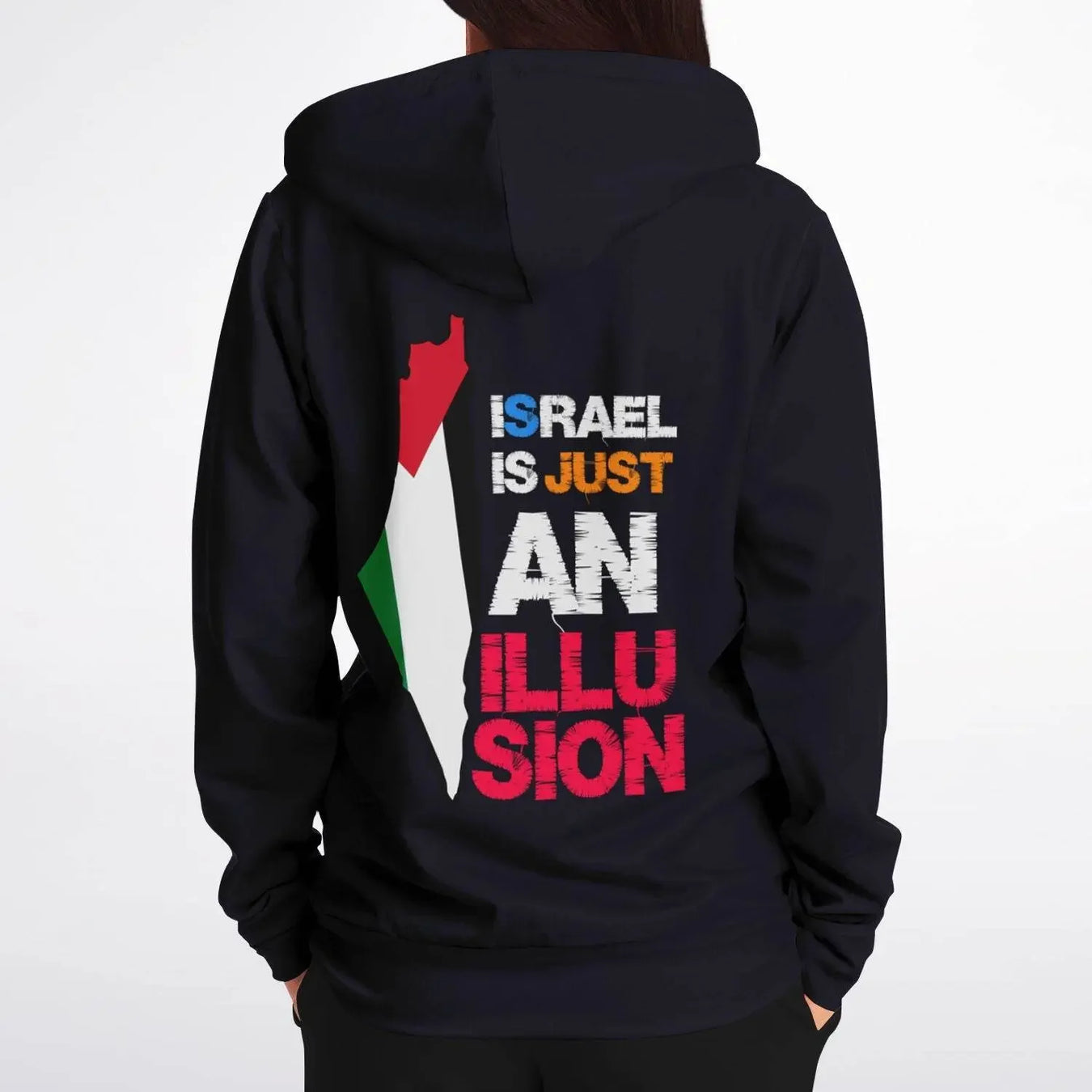 Back view of black zip-up hoodie with white logo, IVORYNN faith athletic design, worn by a woman