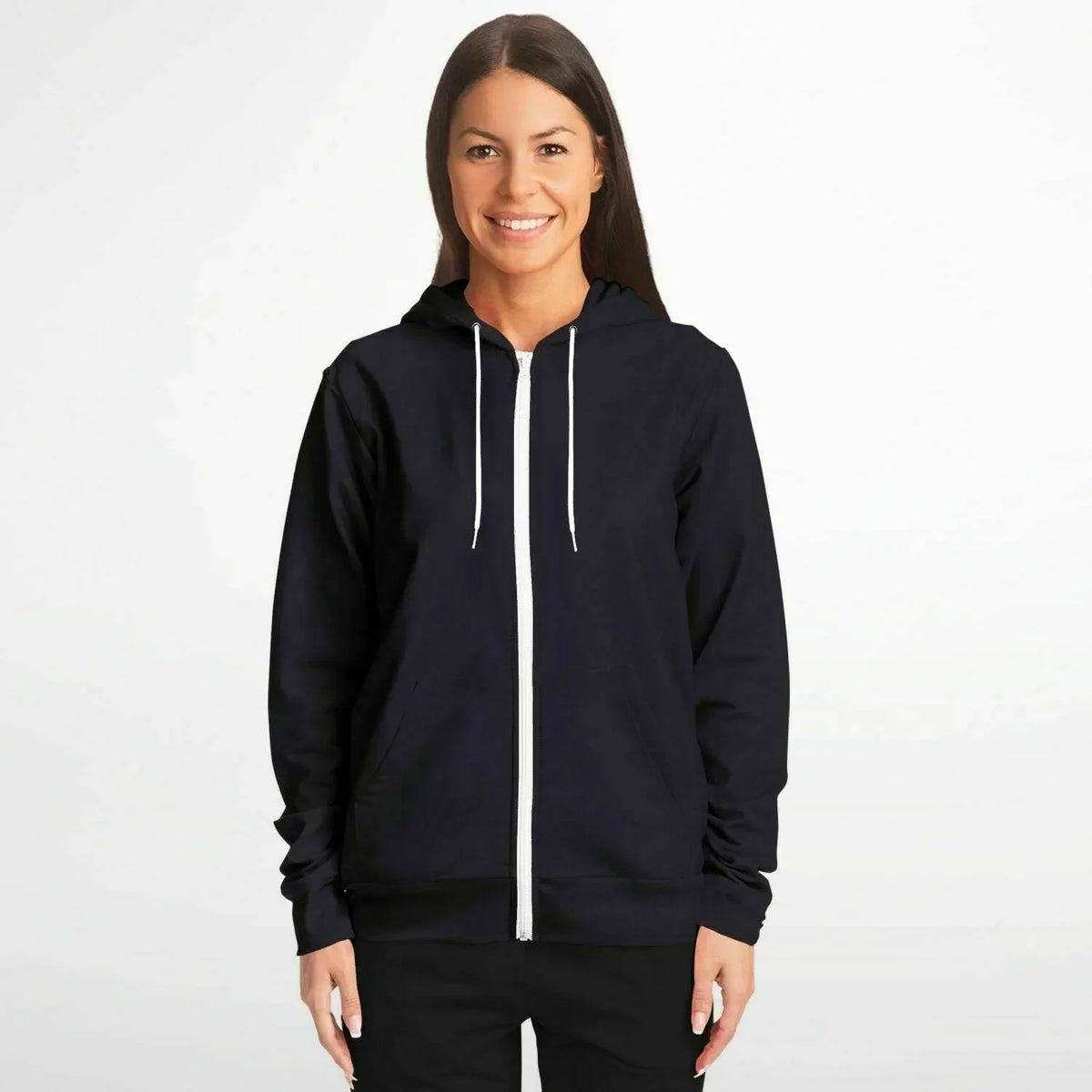 Woman wearing black athletic zip-up hoodie with white accents, Ivorynn fashion apparel