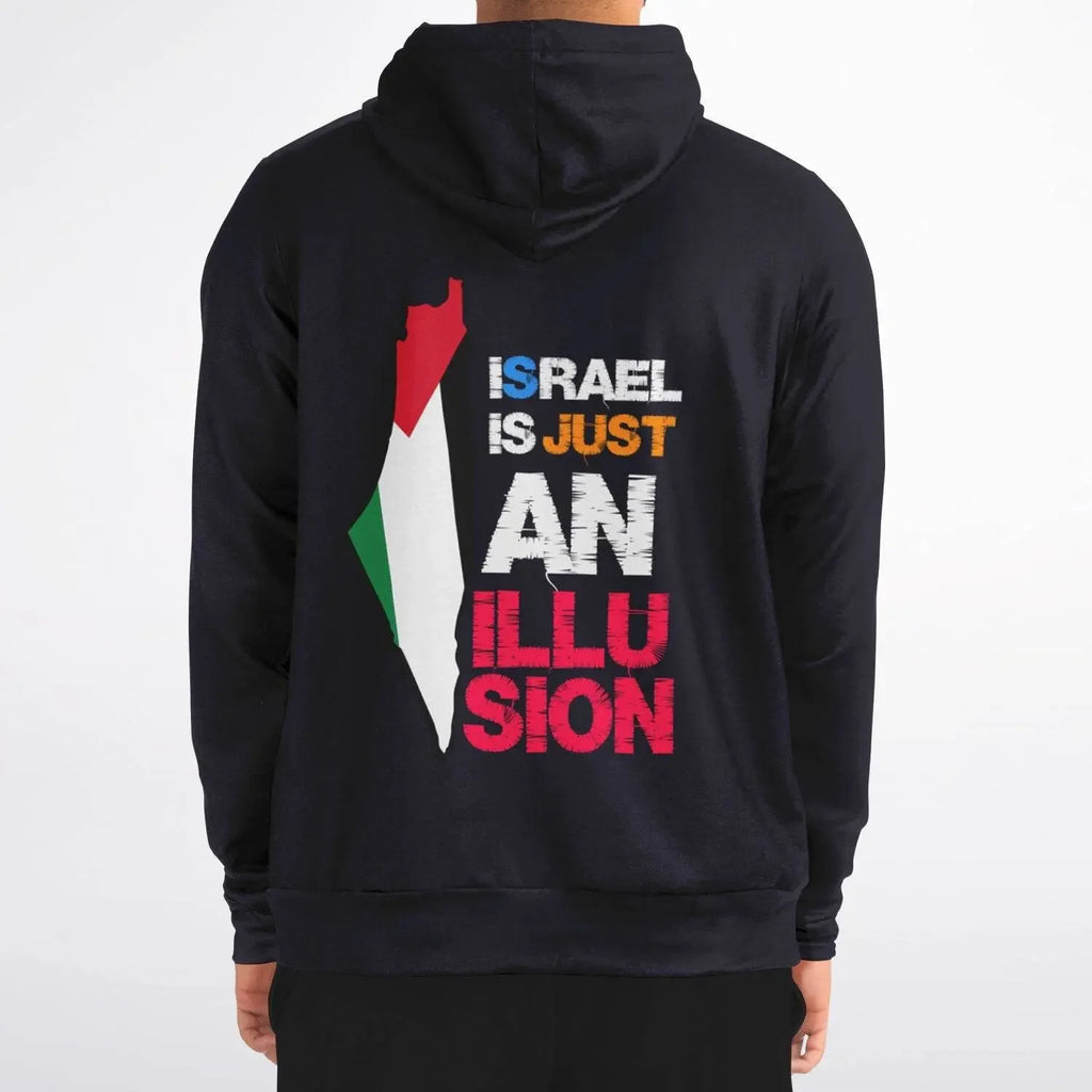 Person wearing a black zip-up hoodie with bold colored text and a map graphic on the back.