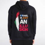 Person wearing a black zip-up hoodie with bold colored text and a map graphic on the back.