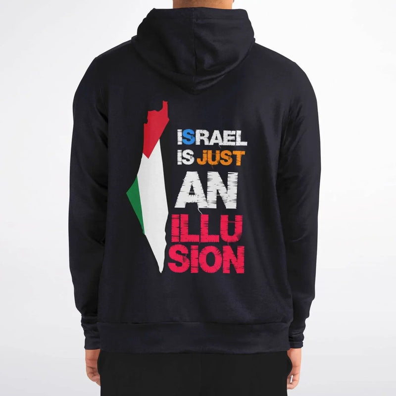 Person wearing a black zip-up hoodie with bold colored text and a map graphic on the back.