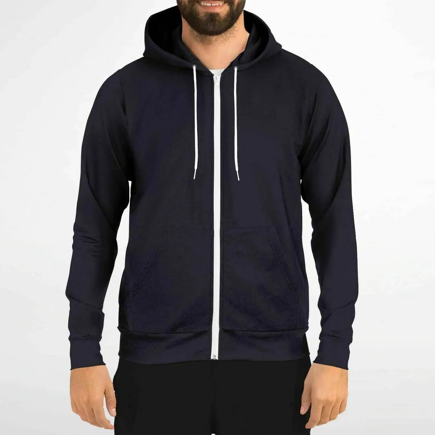 Man wearing a black athletic zip-up hoodie with white drawstrings from Ivorynn