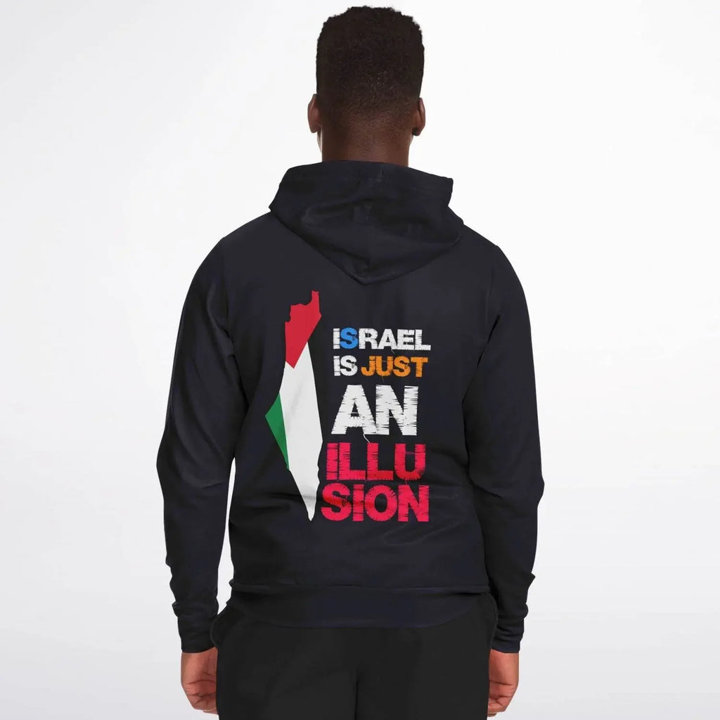 Man wearing black zip-up hoodie with multicolored map and bold text on back