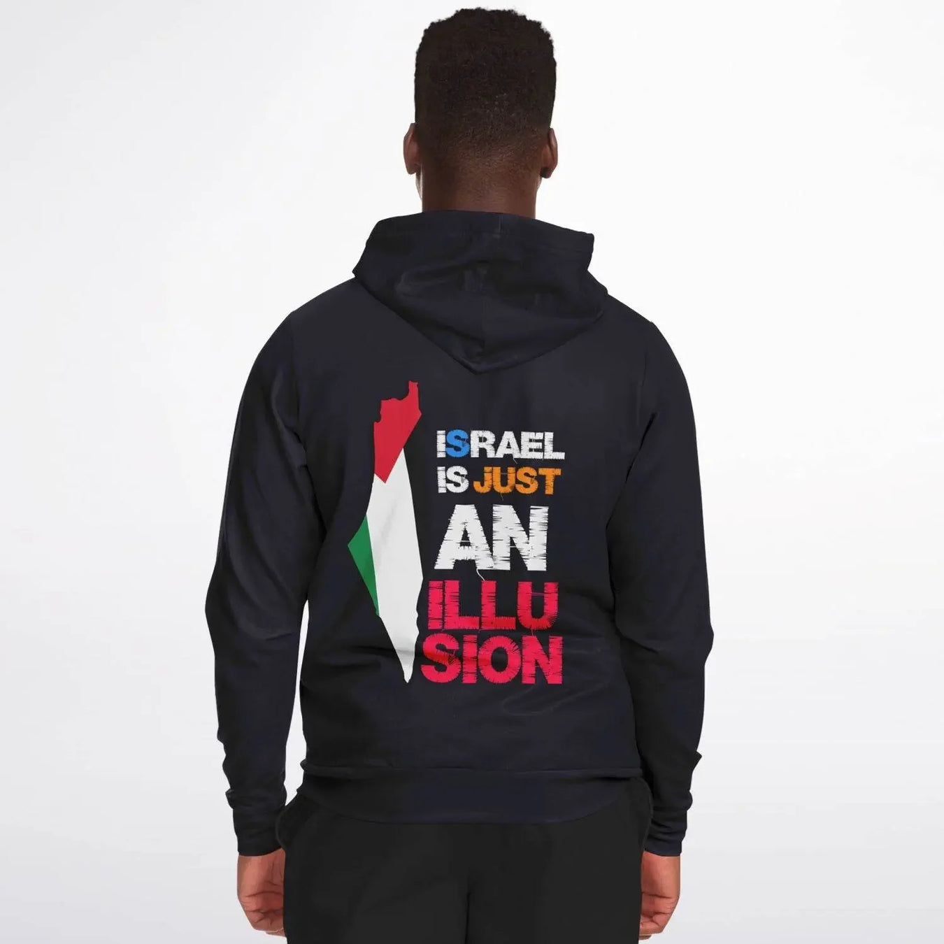 Man wearing black zip-up hoodie with multicolored map and bold text on back