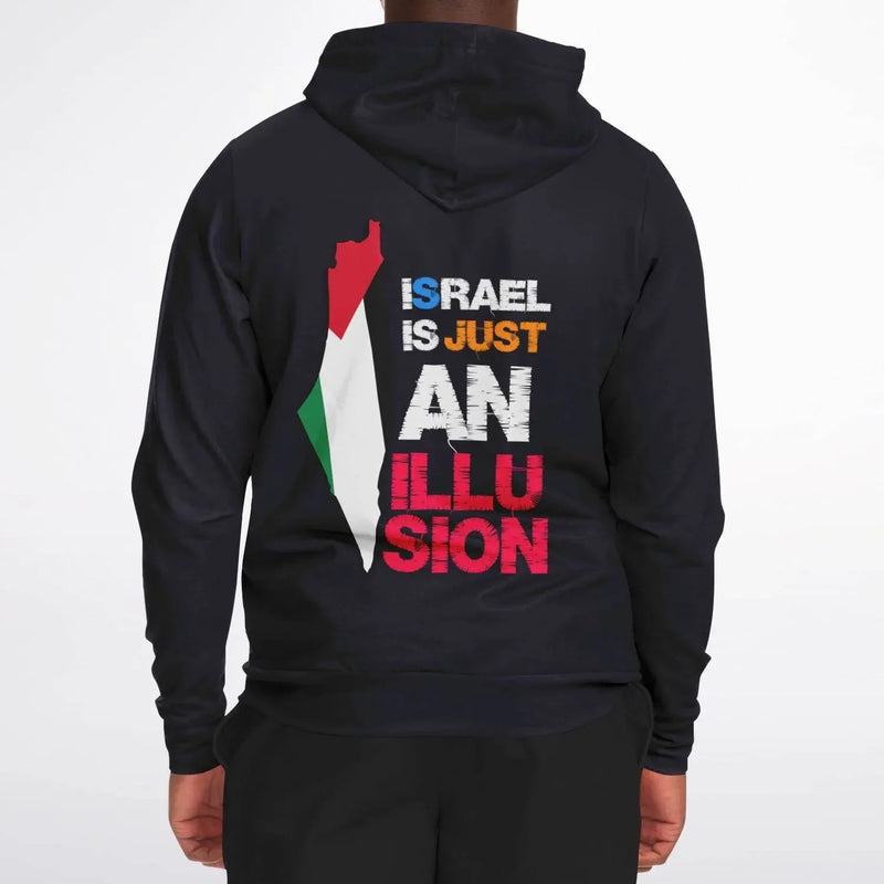 Black zip-up hoodie with bold graphic and text on back, modeled by a person, Ivorynn fashion