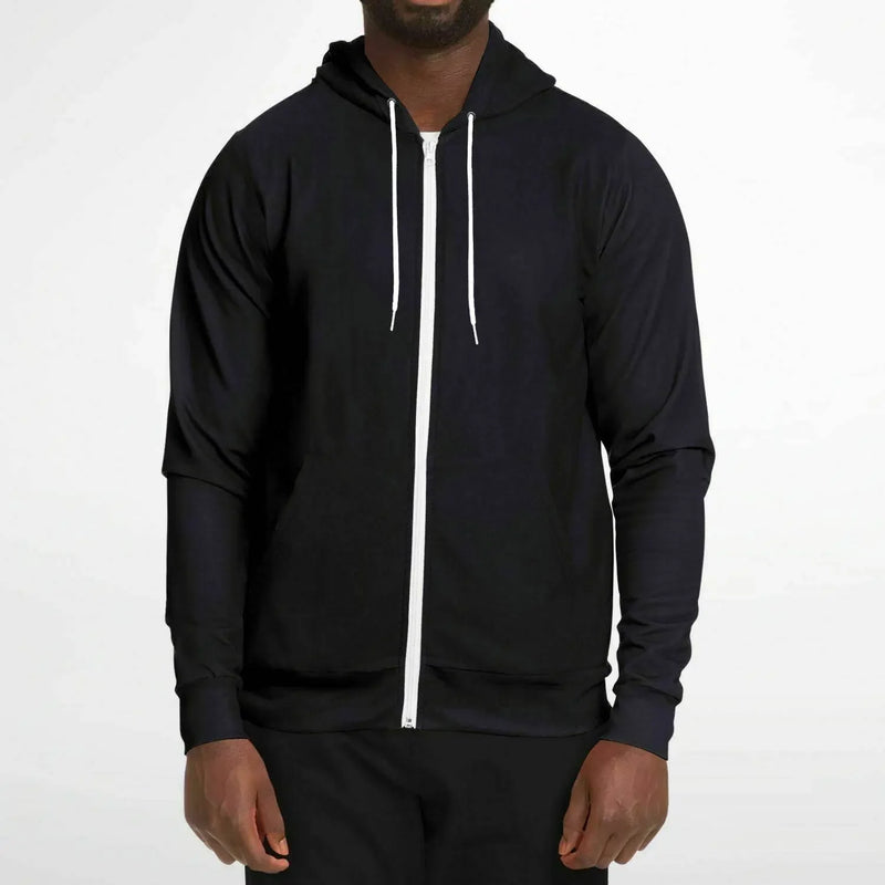 Men's black zip-up hoodie with white drawstrings, modern casual fashion from IVORYNN