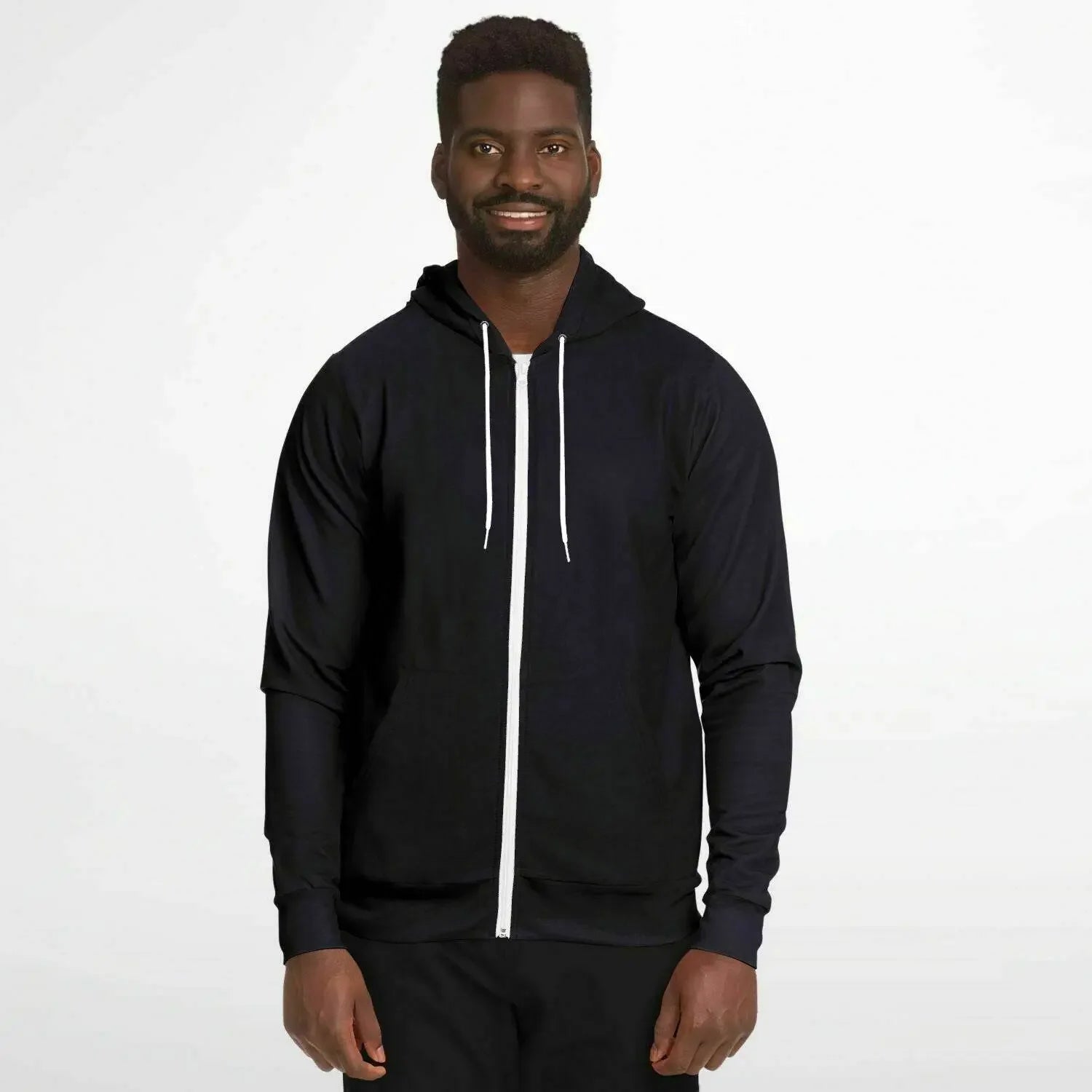 Man modeling Faith Athletic black zip-up hoodie with white drawstrings from Ivorynn