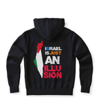 Black zip-up hoodie with back print showing a map design and bold slogan text in red, white, green.