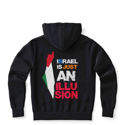 Black zip-up hoodie with back print showing a map design and bold slogan text in red, white, green.