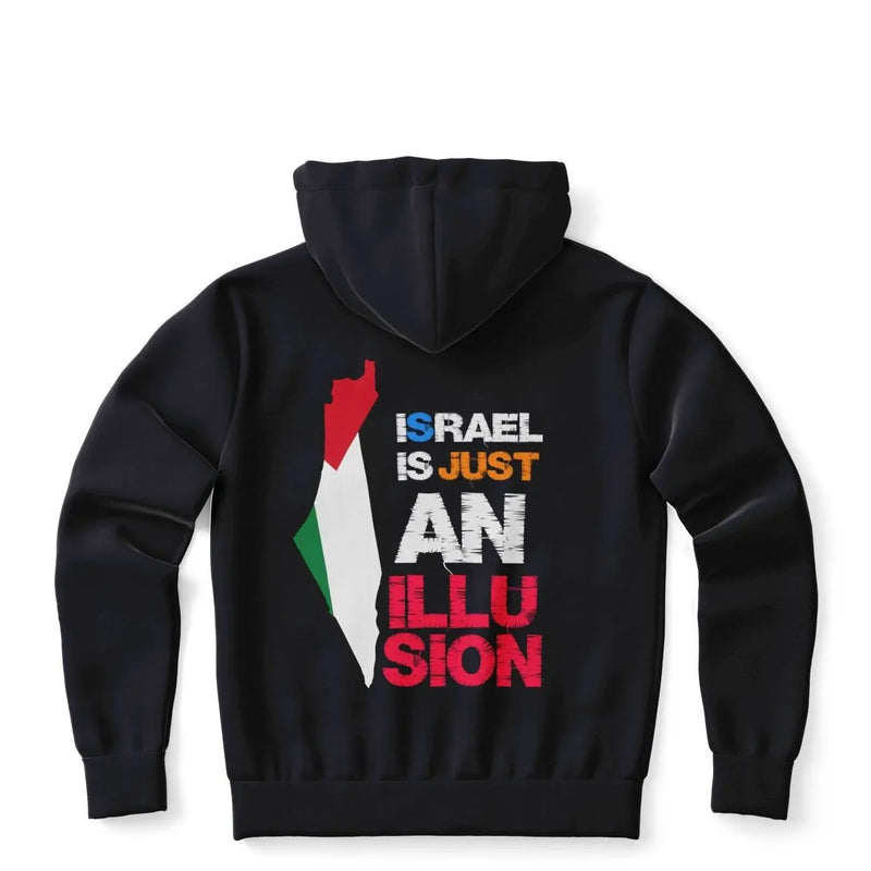Black zip-up hoodie with back print showing a map design and bold slogan text in red, white, green.