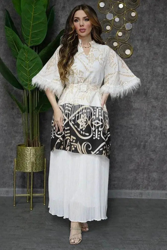 Feathers Sleeve Mesh Contrast Elegant Outfit - IVORYNN