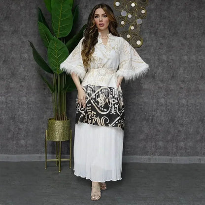 Feathers Sleeve Mesh Contrast Elegant Outfit - IVORYNN