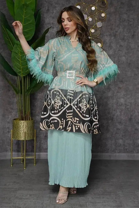 Feathers Sleeve Mesh Contrast Elegant Outfit - IVORYNN