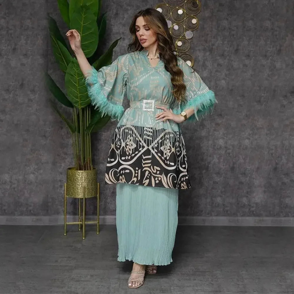 Feathers Sleeve Mesh Contrast Elegant Outfit - IVORYNN