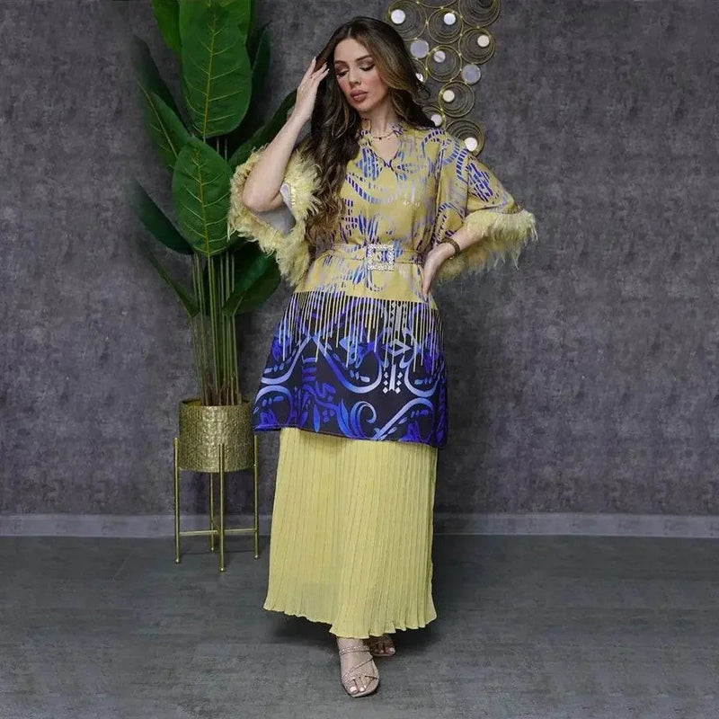 Feathers Sleeve Mesh Contrast Elegant Outfit - IVORYNN