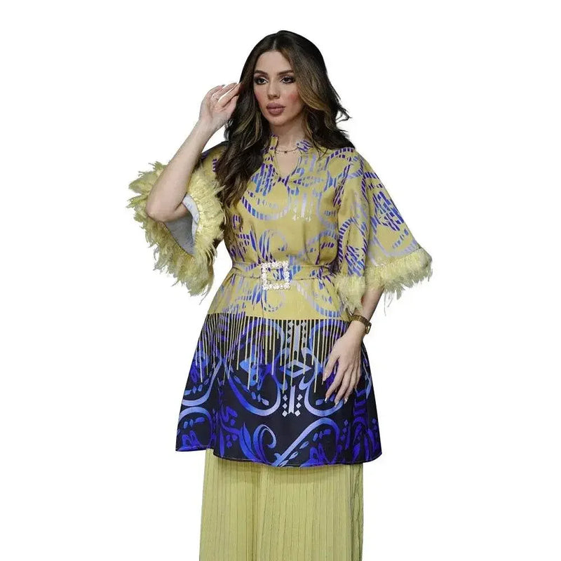 Feathers Sleeve Mesh Contrast Elegant Outfit - IVORYNN