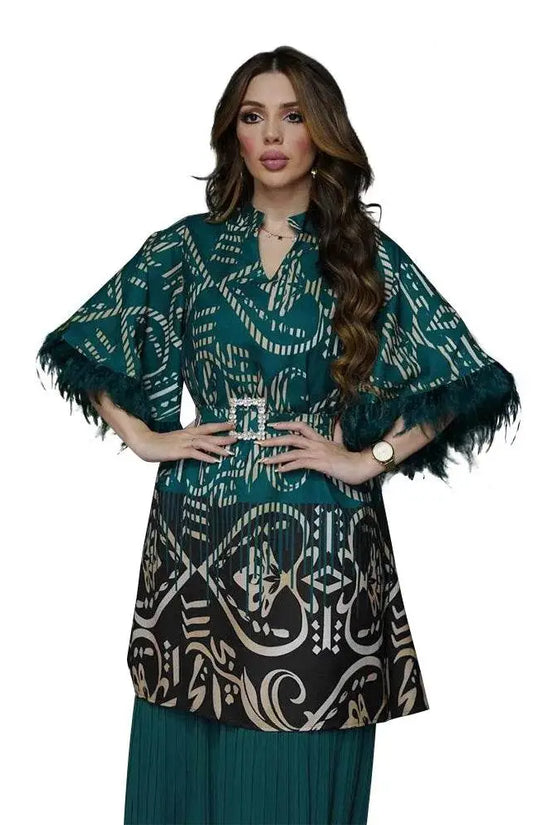 Feathers Sleeve Mesh Contrast Elegant Outfit - IVORYNN