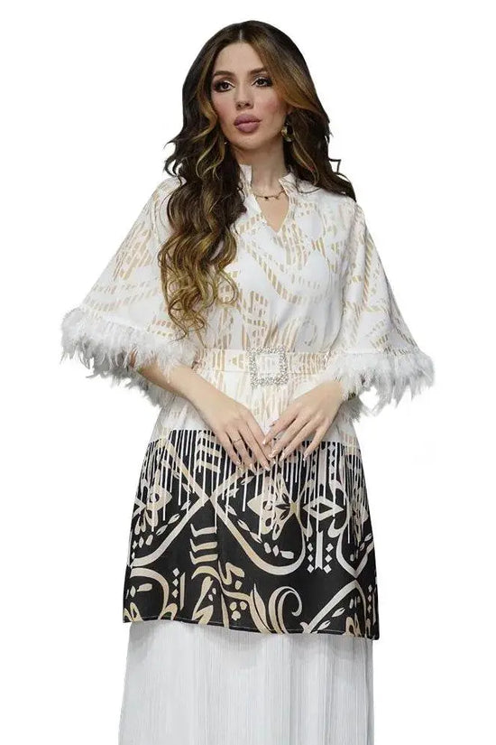 Feathers Sleeve Mesh Contrast Elegant Outfit - IVORYNN