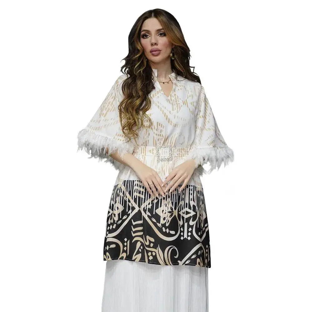 Feathers Sleeve Mesh Contrast Elegant Outfit - IVORYNN
