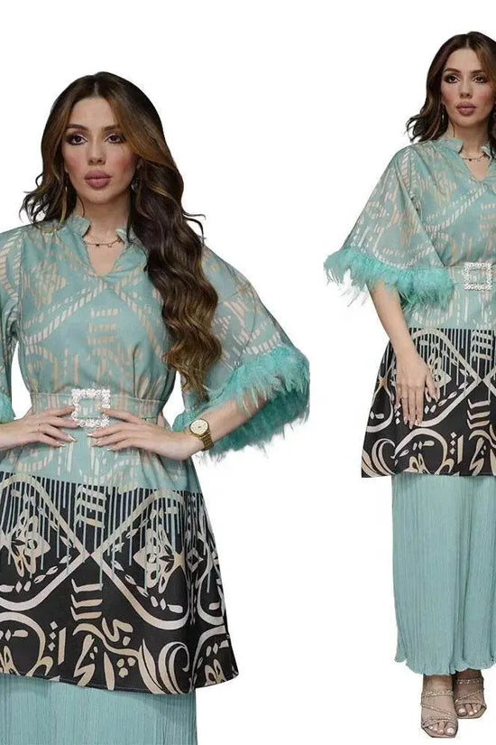 Feathers Sleeve Mesh Contrast Elegant Outfit - IVORYNN