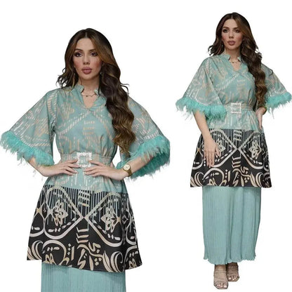 Feathers Sleeve Mesh Contrast Elegant Outfit - IVORYNN