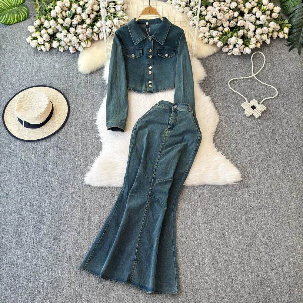 Fishtail Skirt Vintage Denim Two-Piece Set - IVORYNN