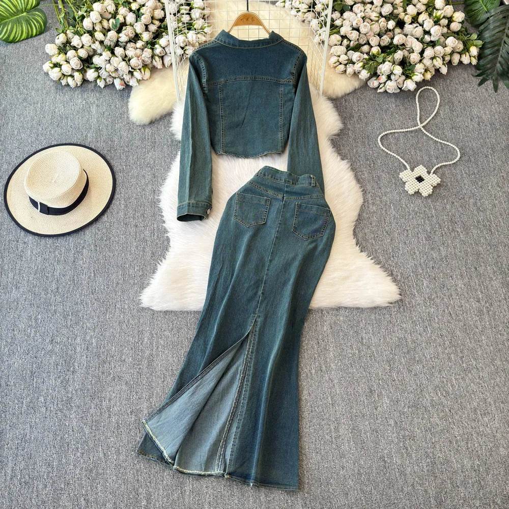 Fishtail Skirt Vintage Denim Two-Piece Set - IVORYNN