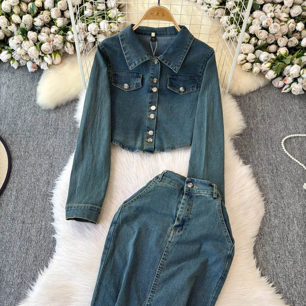 Fishtail Skirt Vintage Denim Two-Piece Set - IVORYNN