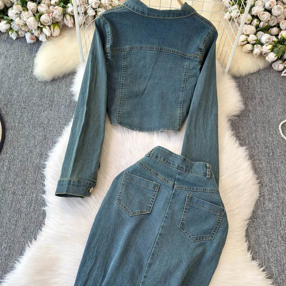 Fishtail Skirt Vintage Denim Two-Piece Set - IVORYNN
