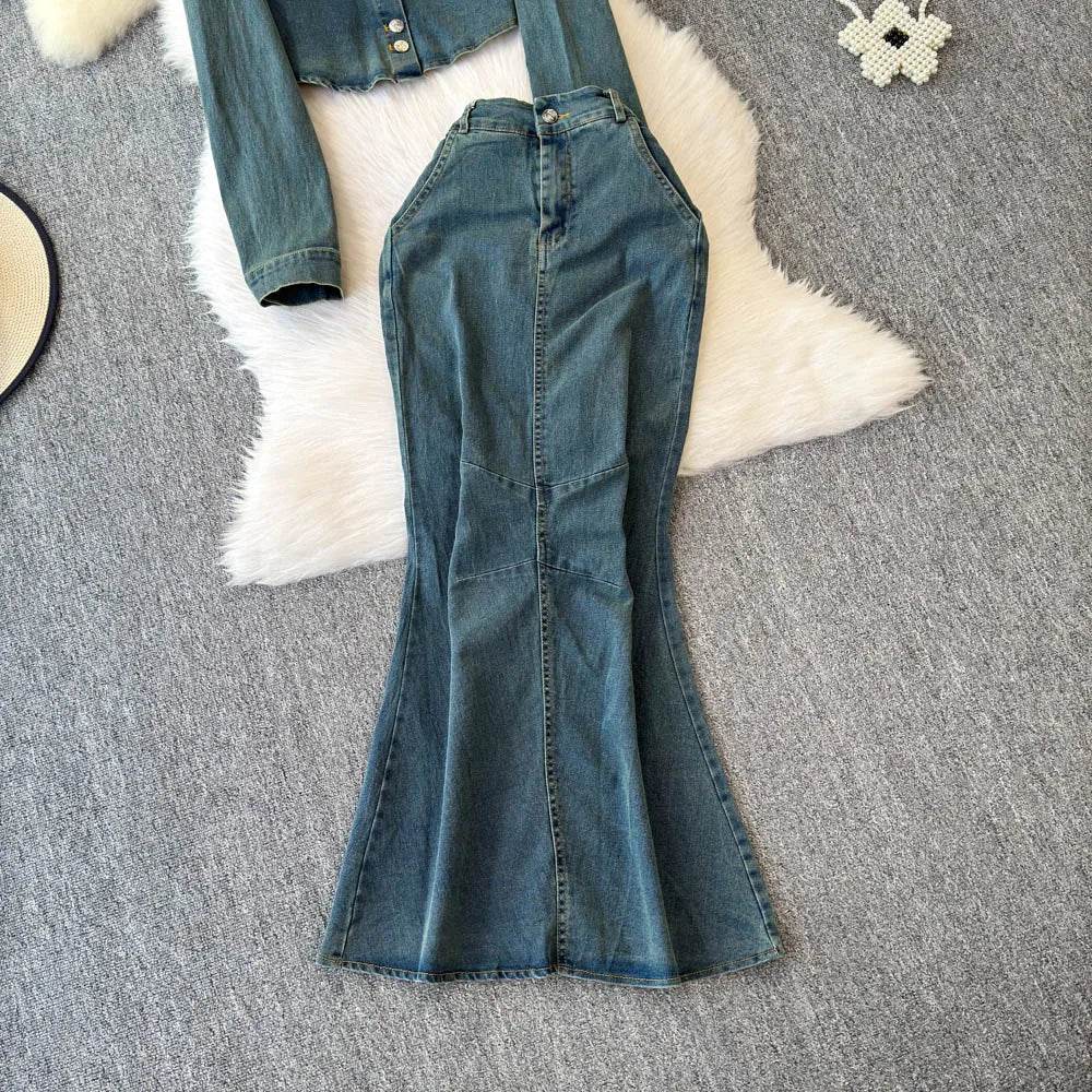 Fishtail Skirt Vintage Denim Two-Piece Set - IVORYNN