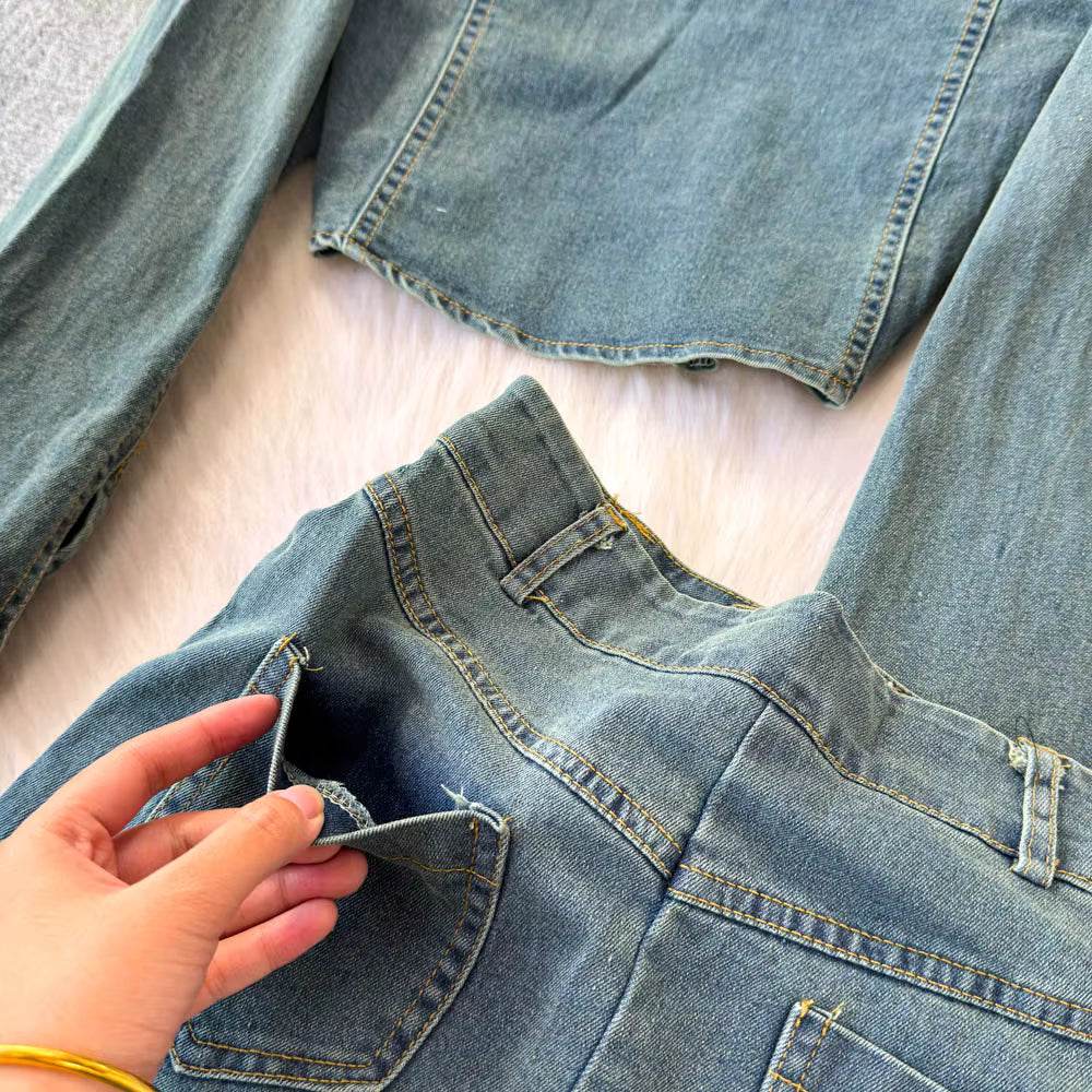 Fishtail Skirt Vintage Denim Two-Piece Set - IVORYNN