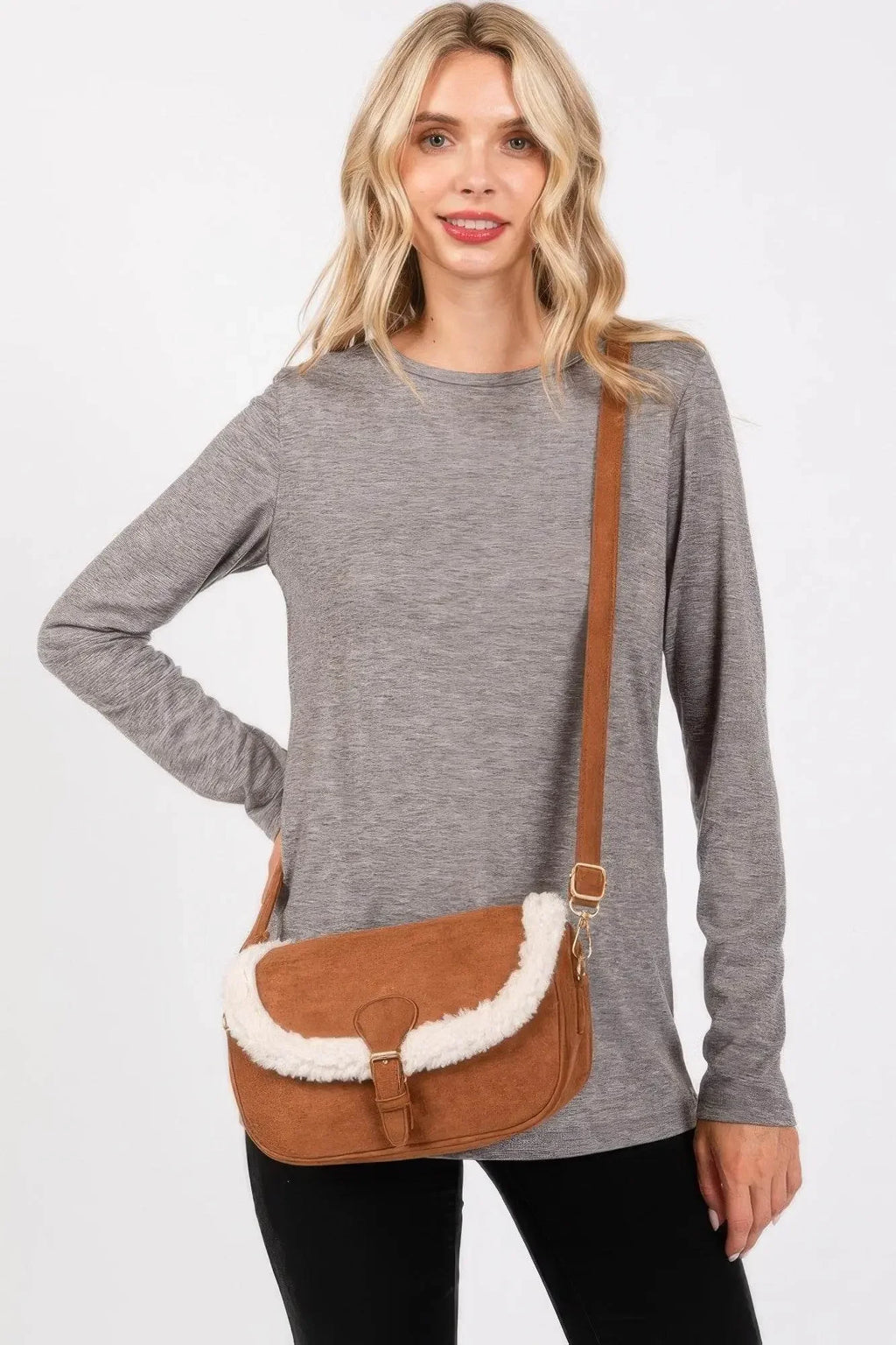 Fleece Trimmed Solid Crossbodybag Adjustable Strap - IVORYNN