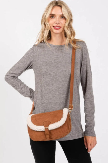 Fleece Trimmed Solid Crossbodybag Adjustable Strap - IVORYNN