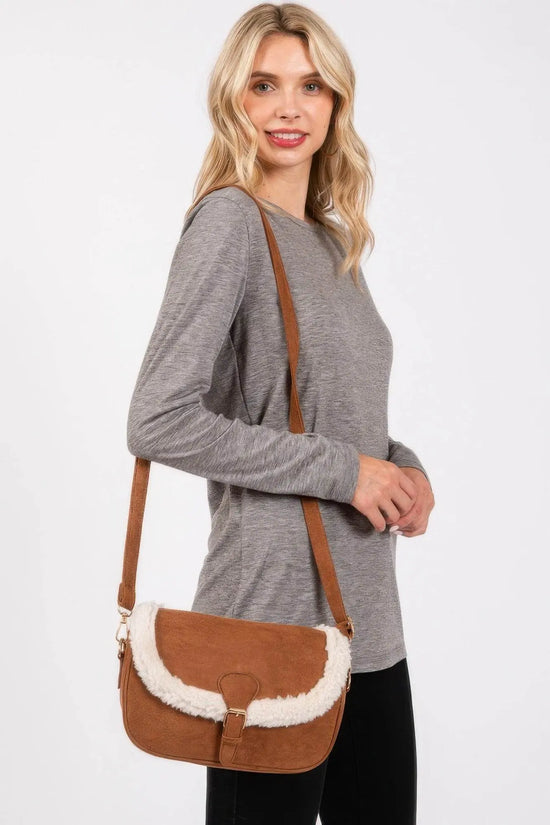 Fleece Trimmed Solid Crossbodybag Adjustable Strap - IVORYNN