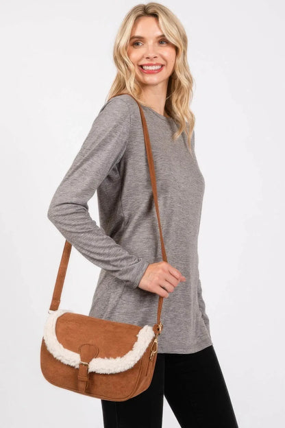 Fleece Trimmed Solid Crossbodybag Adjustable Strap - IVORYNN