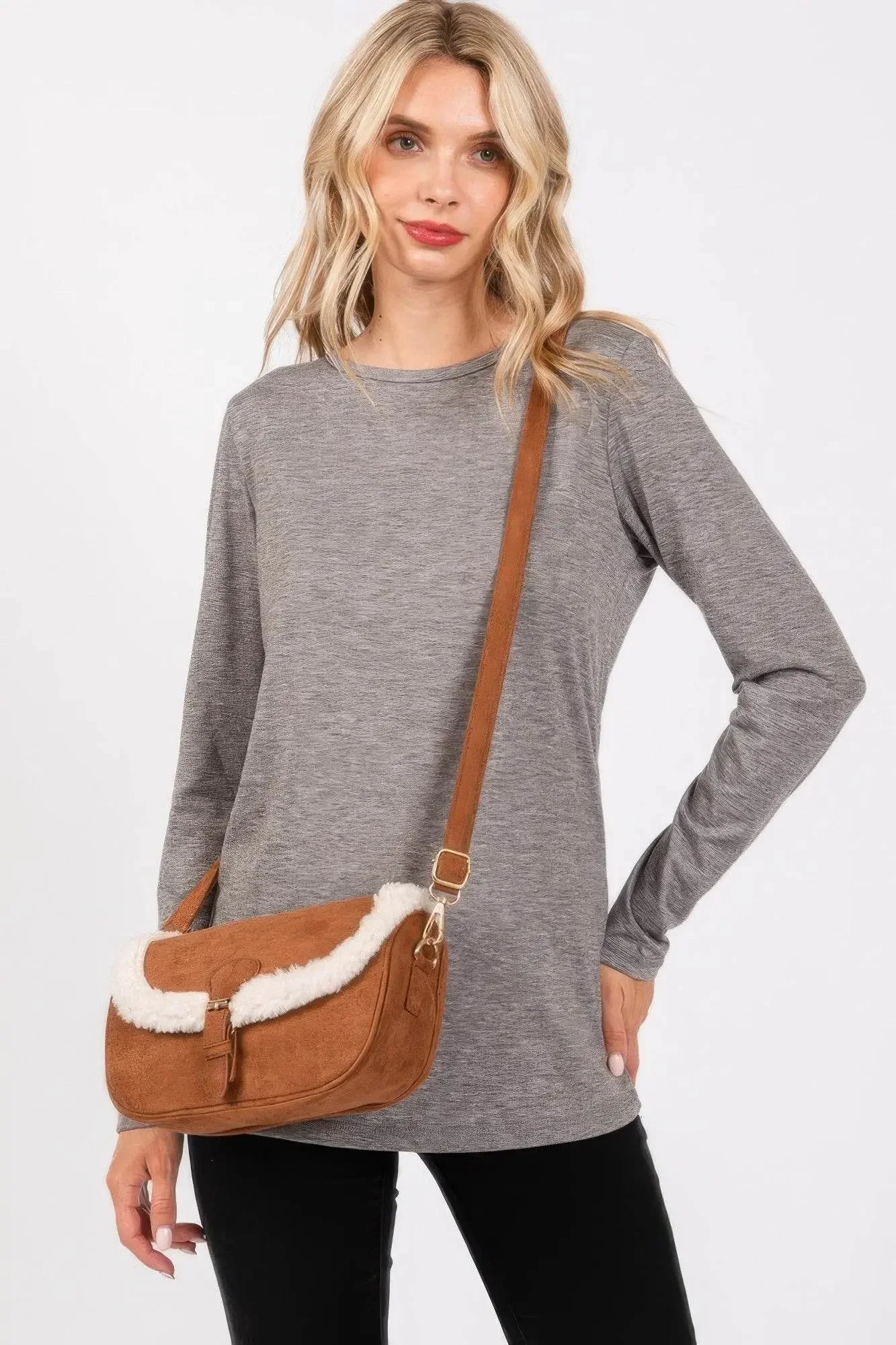 Fleece Trimmed Solid Crossbodybag Adjustable Strap - IVORYNN