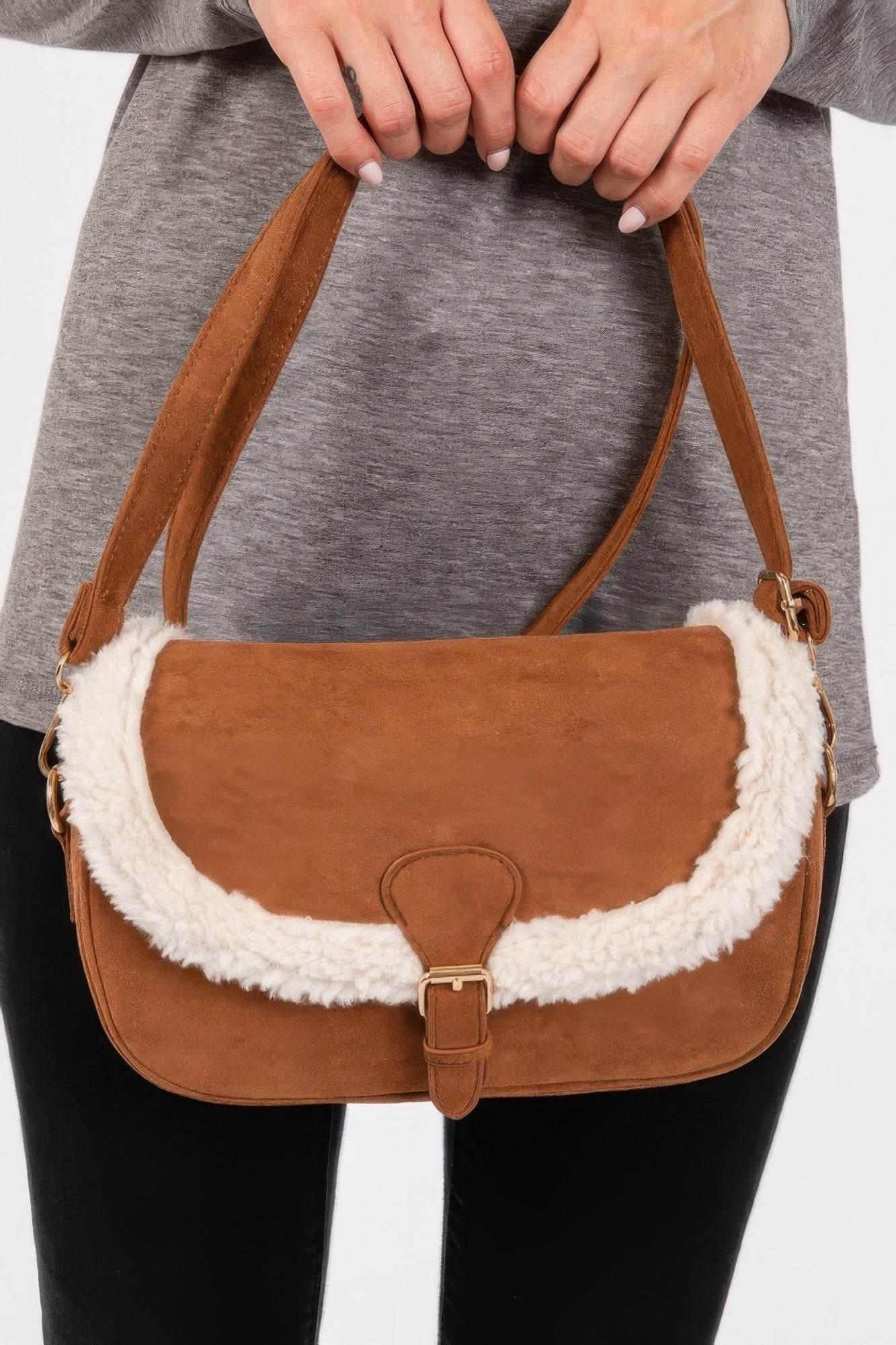 Fleece Trimmed Solid Crossbodybag Adjustable Strap - IVORYNN