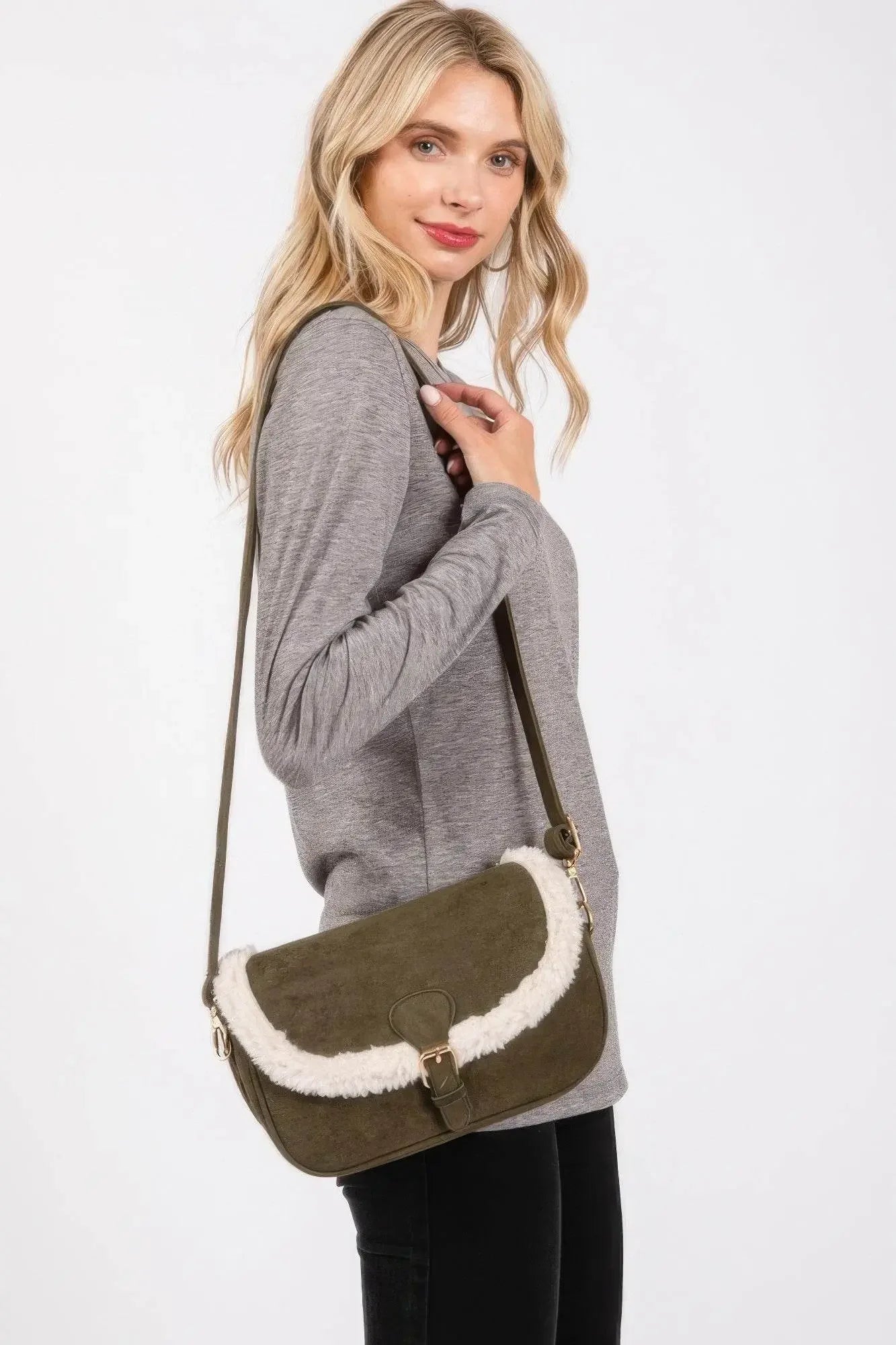 Fleece Trimmed Solid Crossbodybag Adjustable Strap - IVORYNN