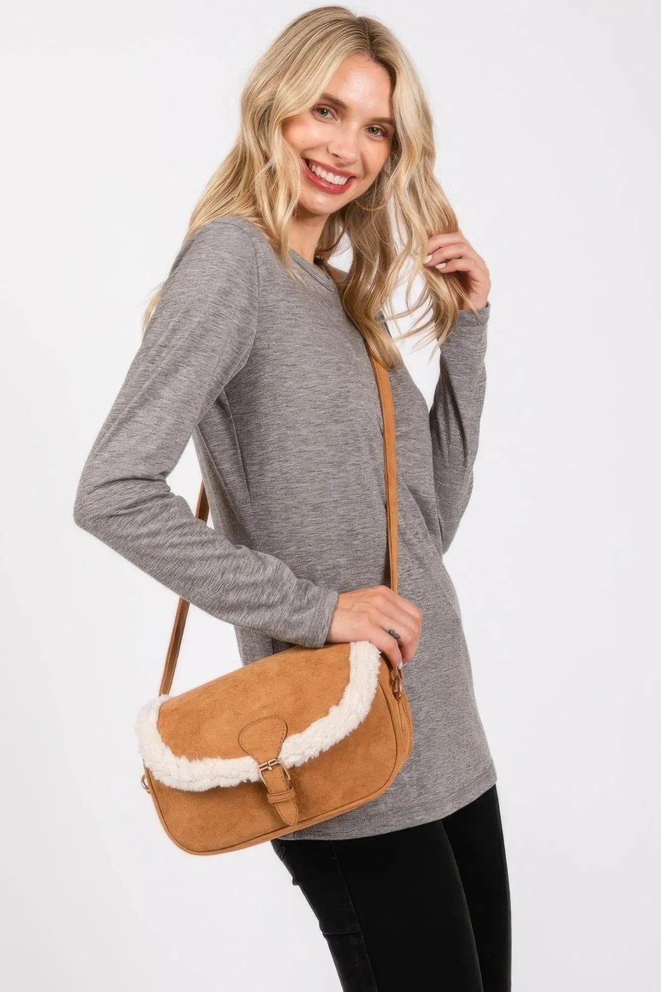 Fleece Trimmed Solid Crossbodybag Adjustable Strap - IVORYNN