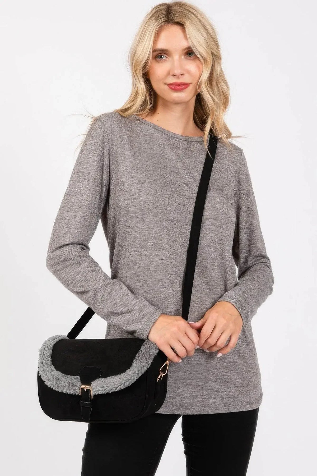 Fleece Trimmed Solid Crossbodybag Adjustable Strap - IVORYNN