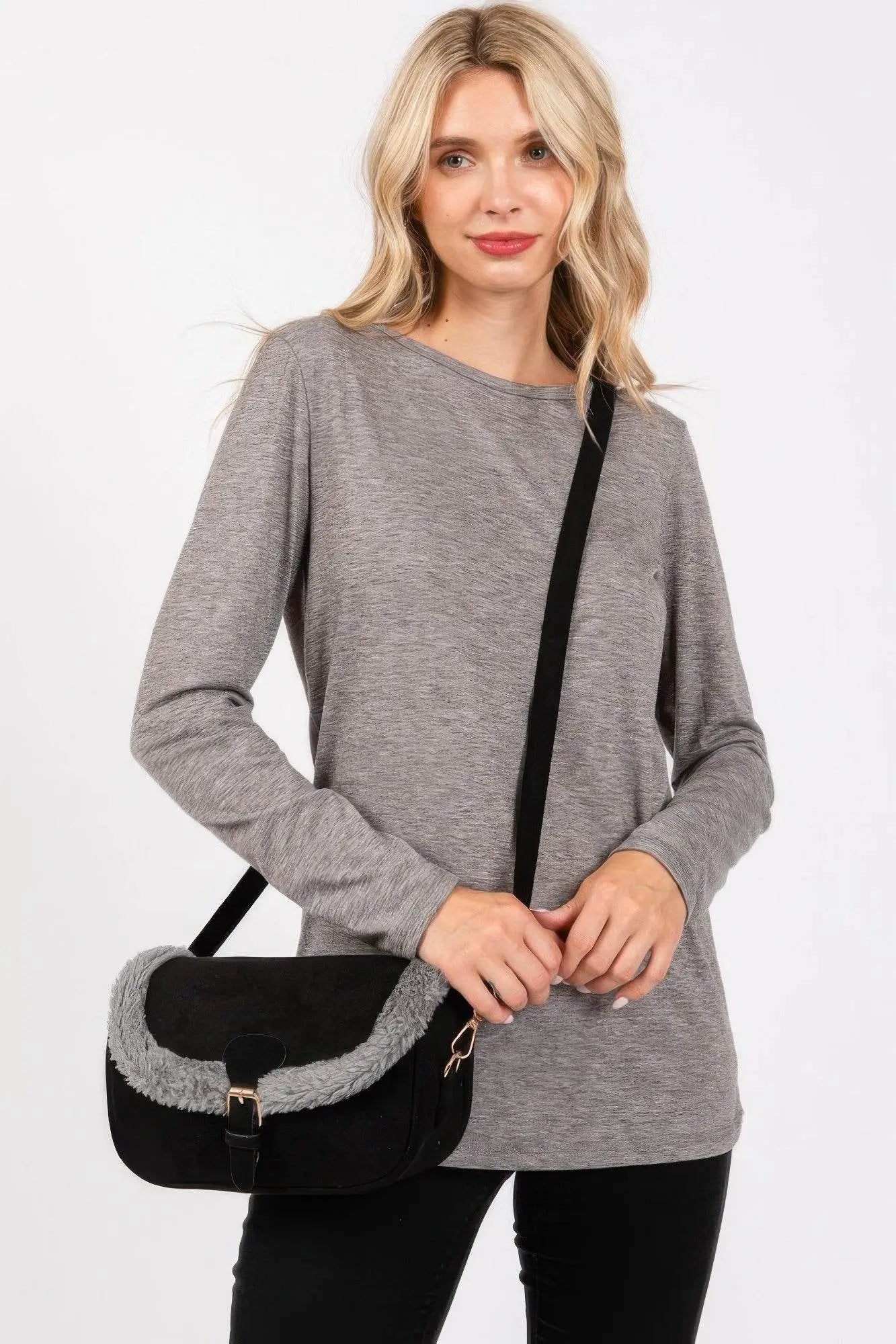 Fleece Trimmed Solid Crossbodybag Adjustable Strap - IVORYNN