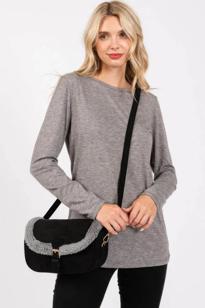 Fleece Trimmed Solid Crossbodybag Adjustable Strap - IVORYNN