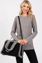 Fleece Trimmed Solid Tote And Crossbody Bag - IVORYNN