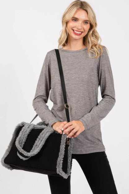 Fleece Trimmed Solid Tote And Crossbody Bag - IVORYNN