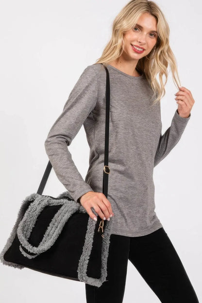 Fleece Trimmed Solid Tote And Crossbody Bag - IVORYNN
