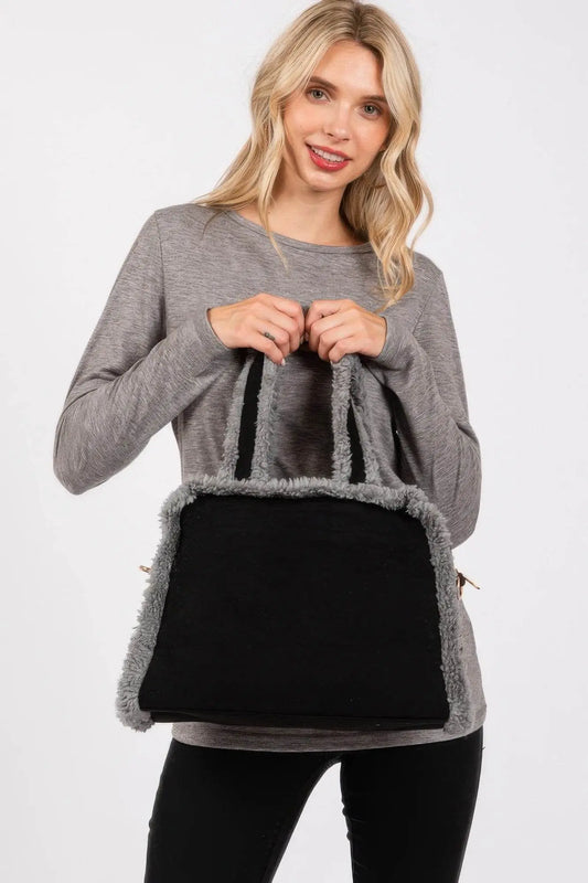 Fleece Trimmed Solid Tote And Crossbody Bag
