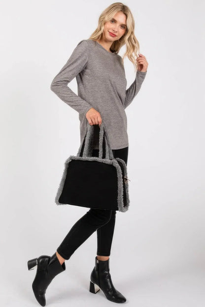 Fleece Trimmed Solid Tote And Crossbody Bag - IVORYNN